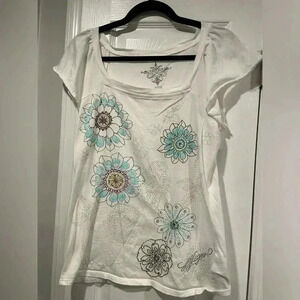 Tommy Hilfiger Beaded Boatneck Cap Sleeve Floral Mandala Graphic Tee Size Small